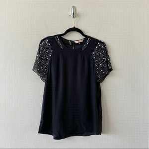 REBBECA Taylor -Silk Rhinestone Sleeve/Neckline Detail Dressy Blouse